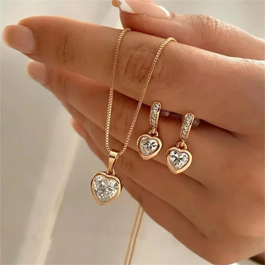 Hjerte m/diamant sett kjede + øredobber